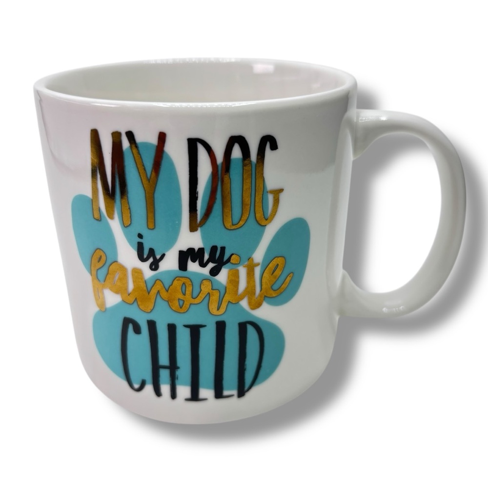 My Dog is My Favorite Child Gold Lettering & Teal Paw Print Coffee Mug Clay Art